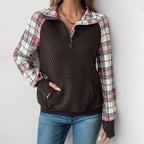 Damen lässiger Fleece-Pullover mit Karomuster und praktischen Kängurutaschen