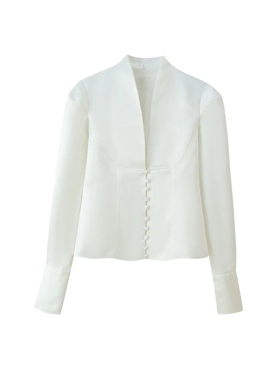 Damen taillierte Bluse mit modernen Knopfdetails und Stehkragen R&B