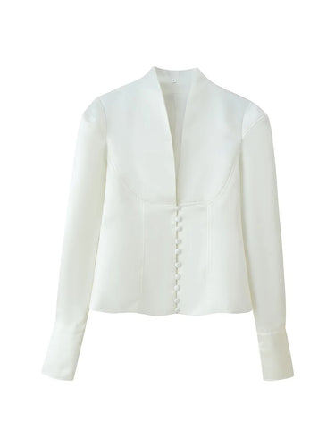 Damen taillierte Bluse mit modernen Knopfdetails und Stehkragen R&B