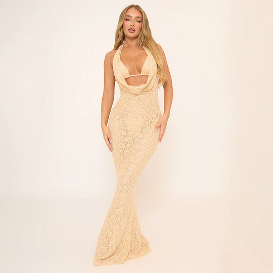 Damen Spitzen-Maxikleid mit halsfernem Halterdesign und figurbetontem Schnitt R&B