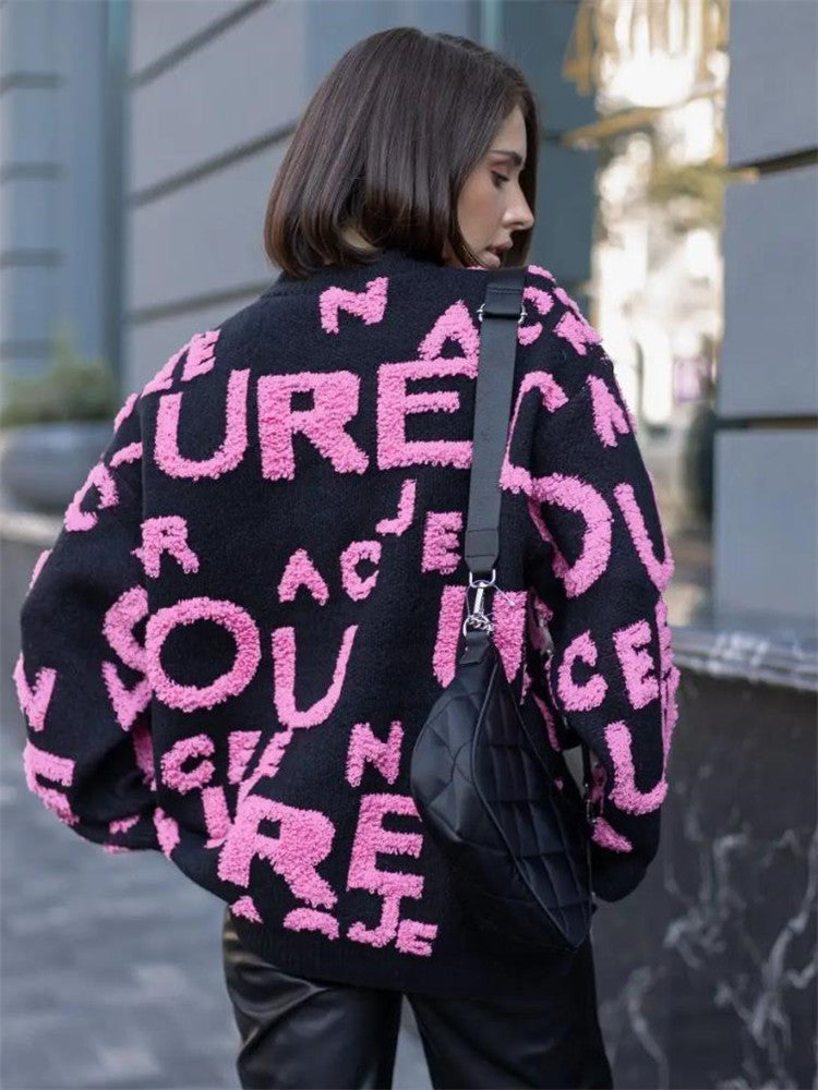 Damen übergroßer Pullover mit auffälligem Schriftzug und weichem Material R&B