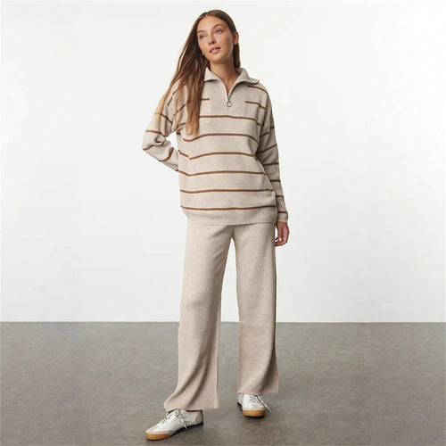 Damen lässiger Strickpullover mit halbem Reißverschluss und weitem Schnitt R&B