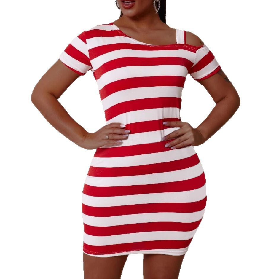 Damen Kurzarm Kleid mit asymmetrischem Ausschnitt und Streifenmuster R&B