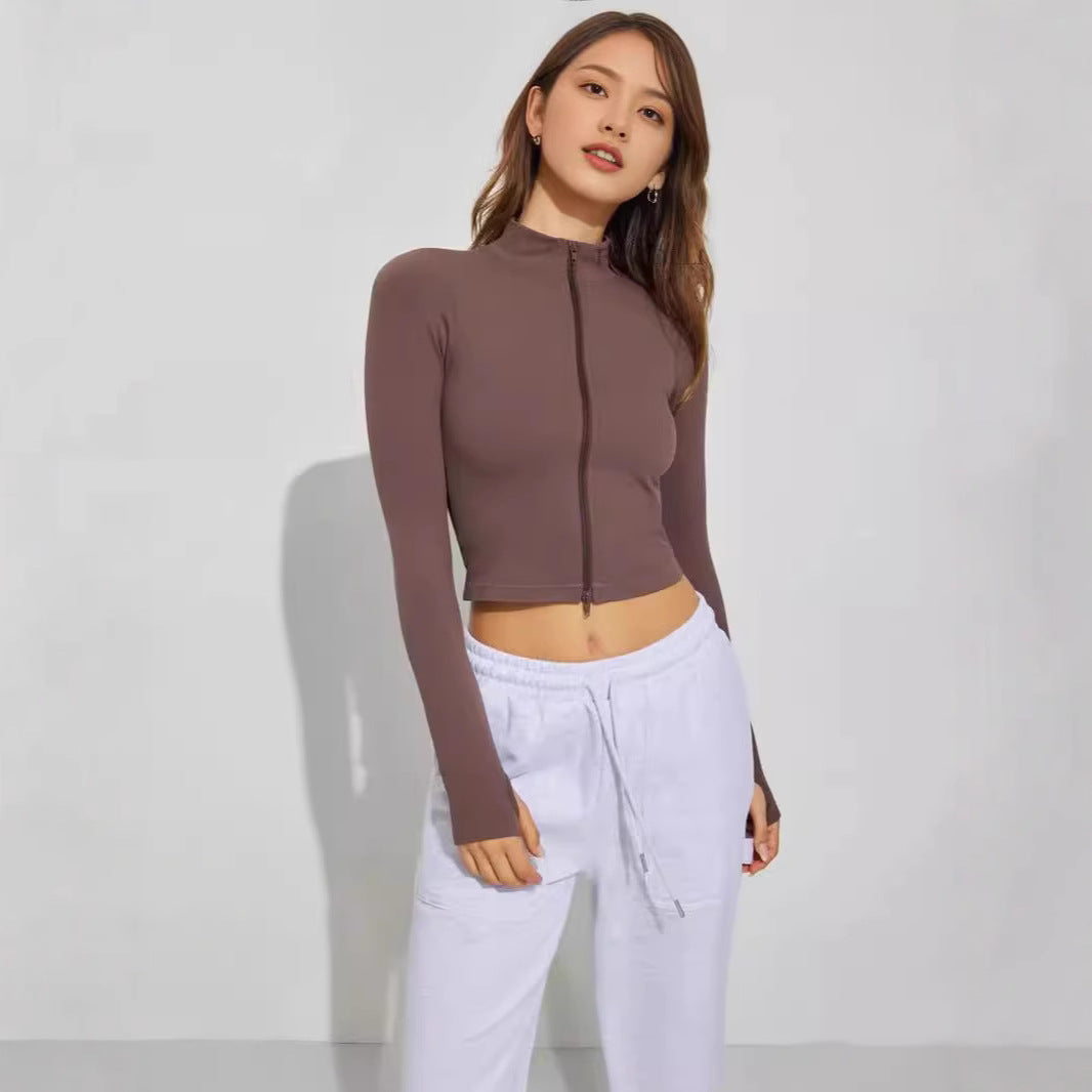 Damen cropped Zip-Oberteil mit hohem Kragen und langen Ärmeln R&B