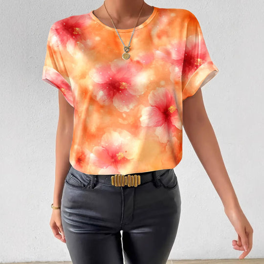 Damen nan lockeres Kurzblusen-Shirt in Seidenoptik mit Aquarellblütenprint und Umschlagärmeln R&B
