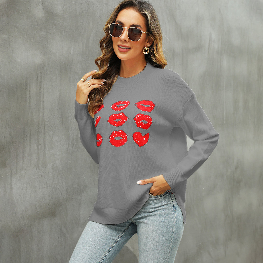 Damen Strickpullover mit glitzerndem Lippen-Motiv R&B
