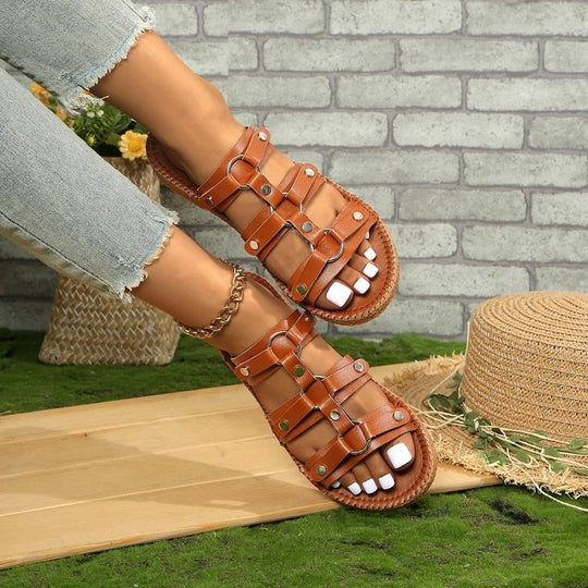 Damen modische Riemchensandalen mit goldenen Schnallen R&B