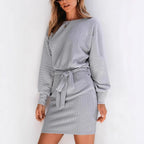 Damen lässiges Strickkleid mit tailliertem Schnitt und langen Ärmeln R&B