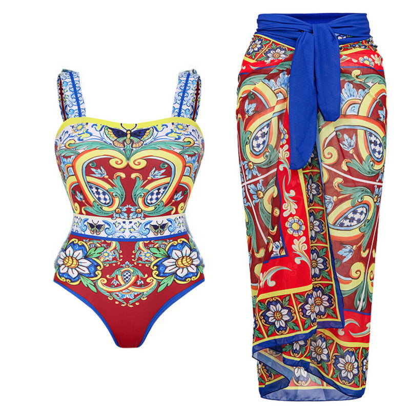 Damen Badeanzug-Set mit floralem Muster und elegantem Wickelrock R&B