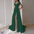 Damen elegantes Maxikleid mit tiefem V-Ausschnitt und seitlichem Schlitz