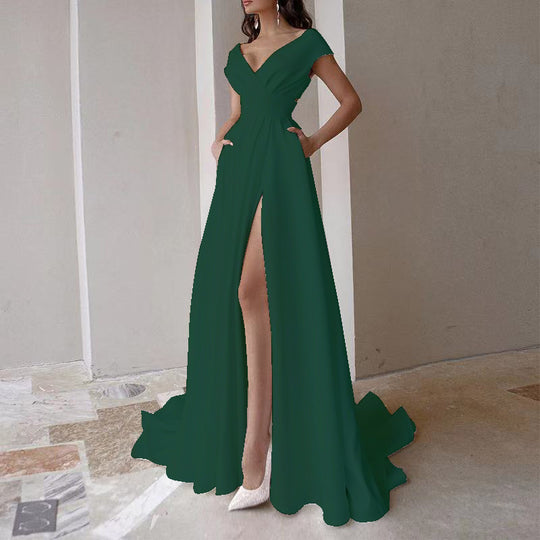 Damen elegantes Maxikleid mit tiefem V-Ausschnitt und seitlichem Schlitz R&B