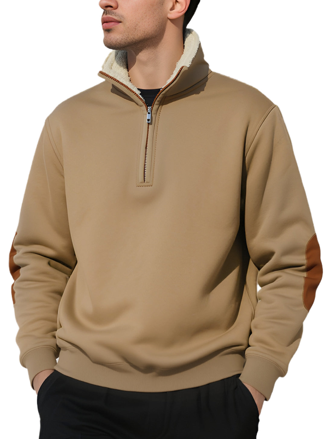 Herren nan legeres Halbzip-Sweatshirt mit Sherpagefüttertem Stehkragen und Kunstleder-Ellenbogenapplikation R&B
