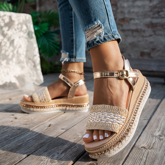 Damen Wedge-Sandaletten mit verstellbarem Riemendesign und dekorativem Akzent R&B