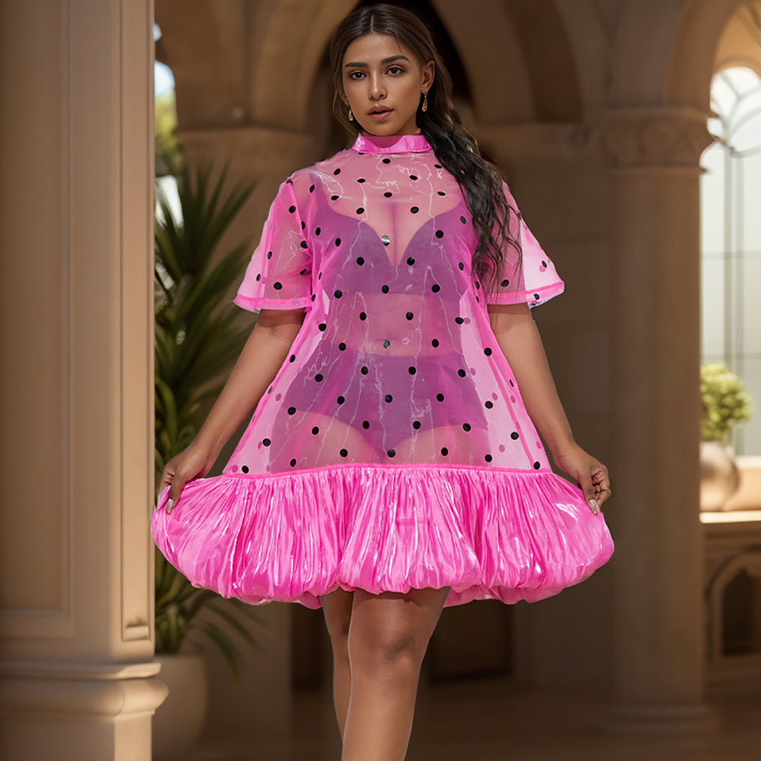 Damen durchsichtiger Polka-Dot Mini-Kleid mit Rüschensaum R&B