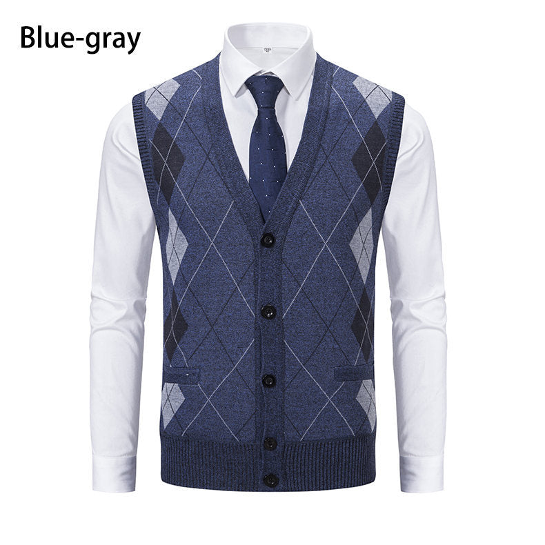 Herren elegante Strickweste mit modernem Rautenmuster und praktischen Taschen