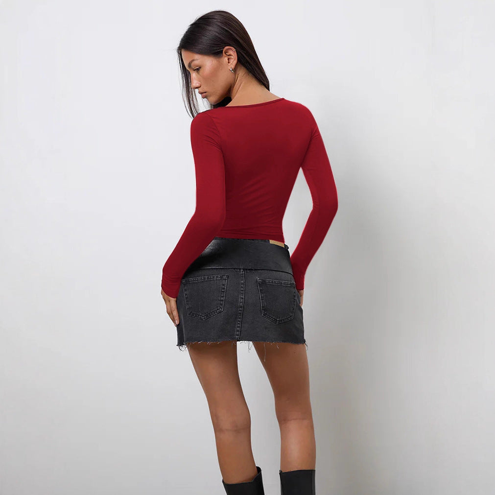 Damen figurbetontes Longsleeve Oberteil mit tiefem Rundhalsausschnitt und enganliegendem Schnitt R&B