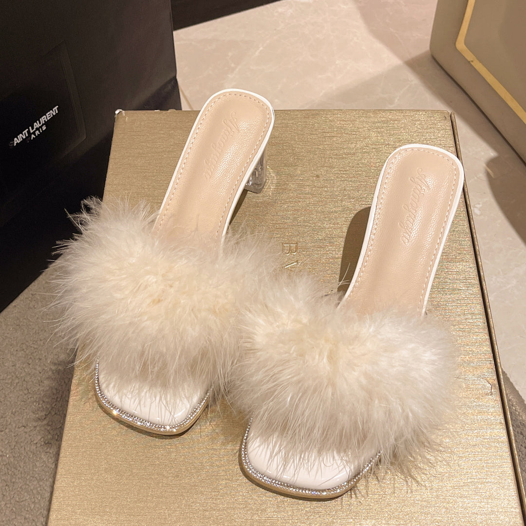 Damen Elegant und glamouröse Pantoletten mit flauschiger Applikation R&B