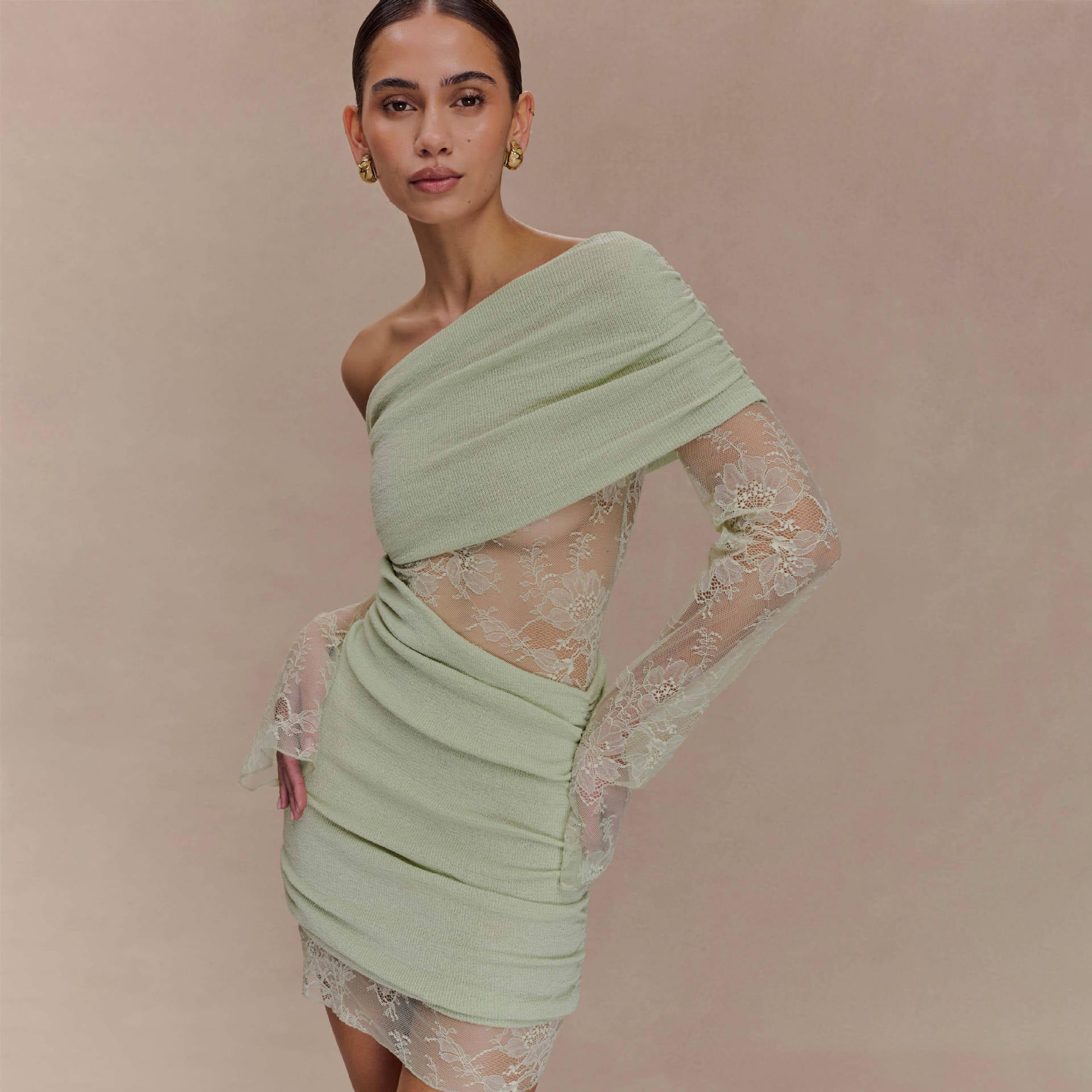 Damen elegantes Minikleid mit Spitzenärmeln R&B