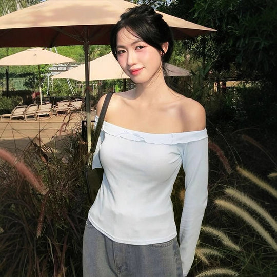 Damen Off-Shoulder Langarmoberteil mit zartem Rüschenbesatz R&B