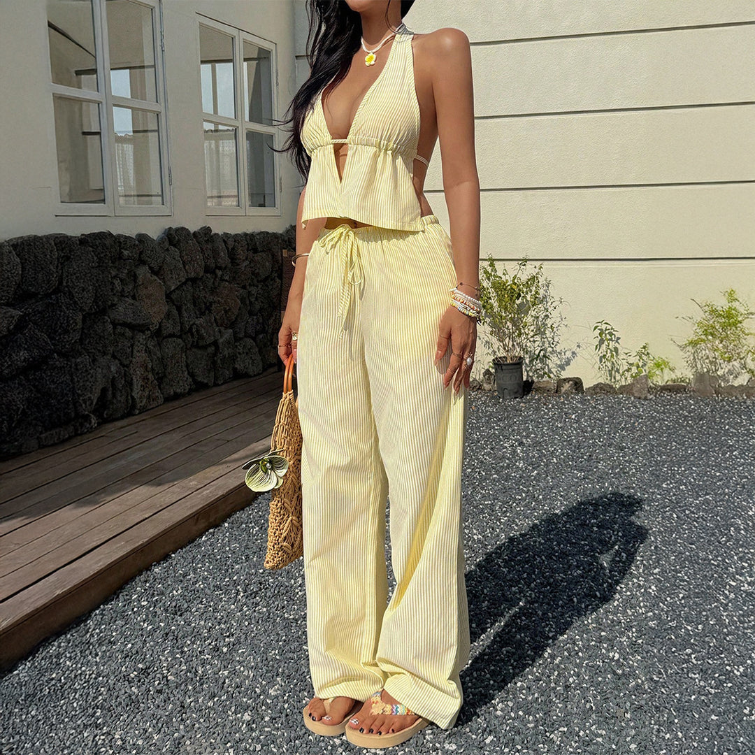 Damen Lässiges Strandoutfit mit Crop-Top und weitem Hose R&B