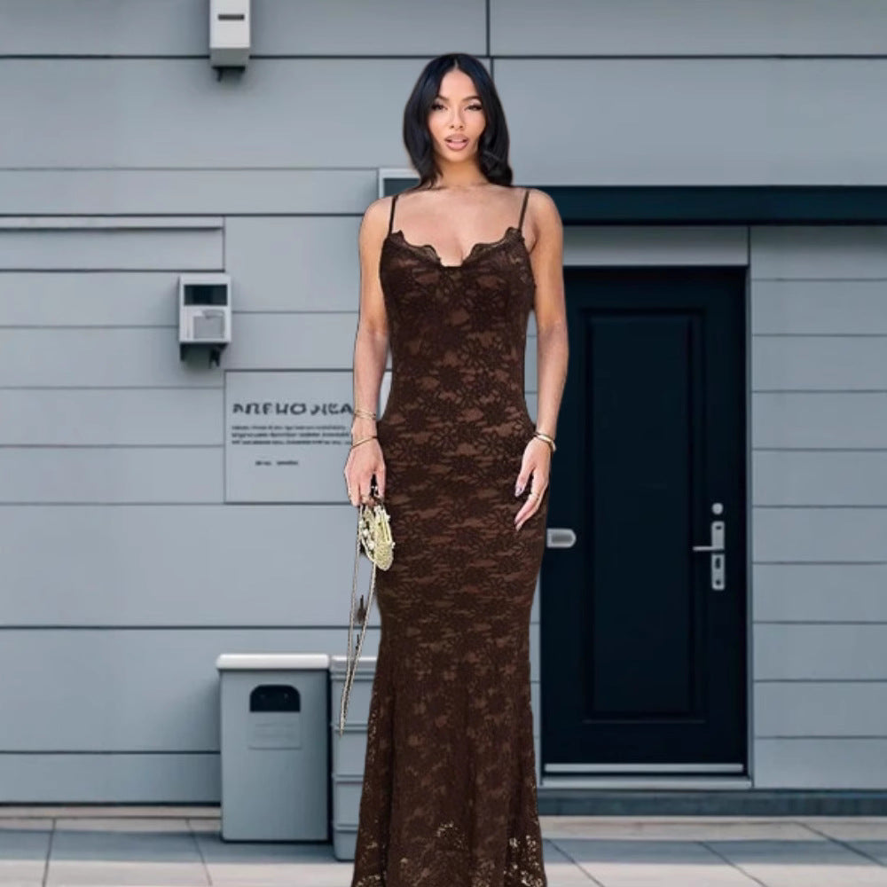 Damen Elegantes Spitzen-Maxikleid mit tiefem V-Ausschnitt R&B