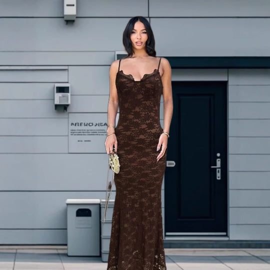 Damen Elegantes Spitzen-Maxikleid mit tiefem V-Ausschnitt R&B