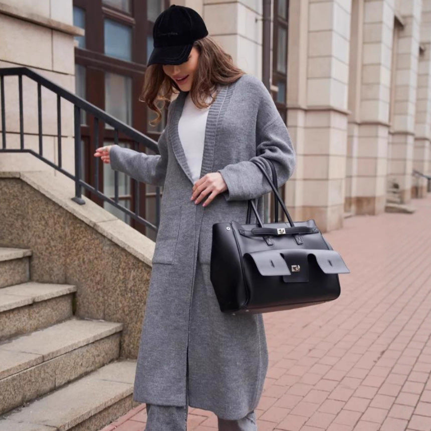 Damen Strickmantel mit tiefem V-Ausschnitt und großen Taschen R&B