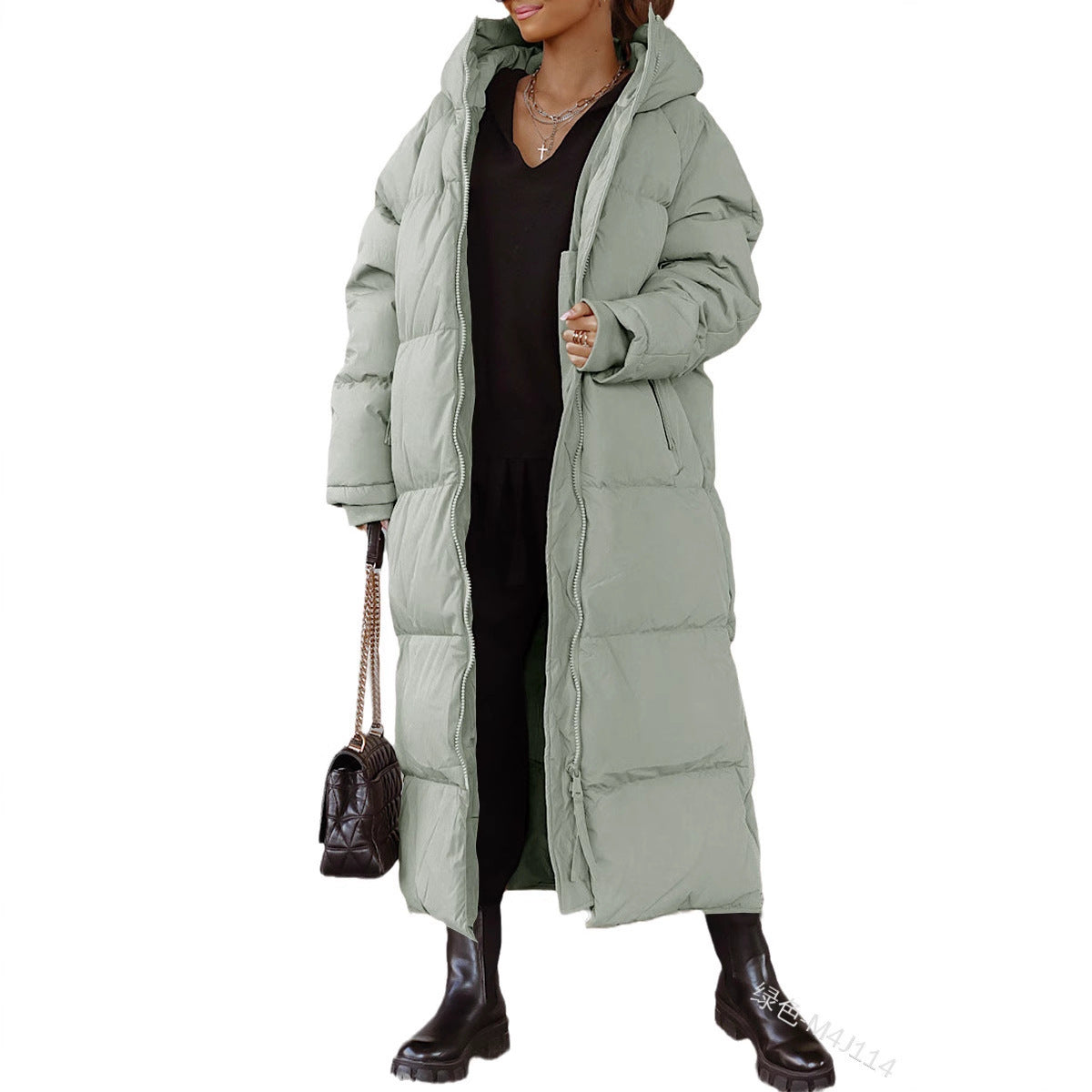 Damen gesteppte Langjacke mit Kapuze und praktischen Seitentaschen R&B