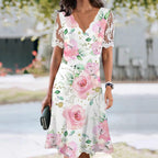 Damen nan A-Linien-Midikleid mit wellenförmigem V-Ausschnitt, ganzflächigem Blumenmuster und transparenten Spitzenärmeln R&B