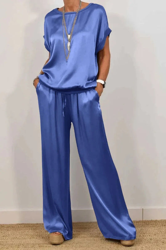 Damen Elegantes Satin Lounge-Set mit weitem Schnitt und lässigem Oberteil R&B