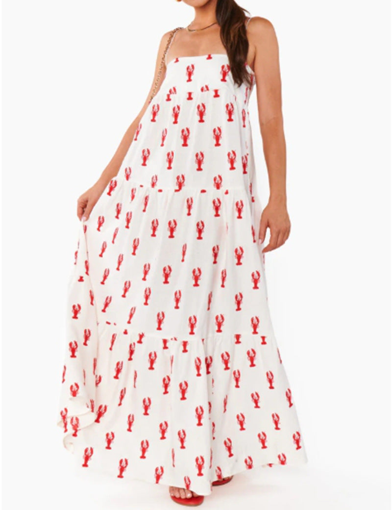 Damen nan trägerloses Bandeau-Maxikleid mit gestuftem Volantrock und maritimem Hummer-Motiv R&B