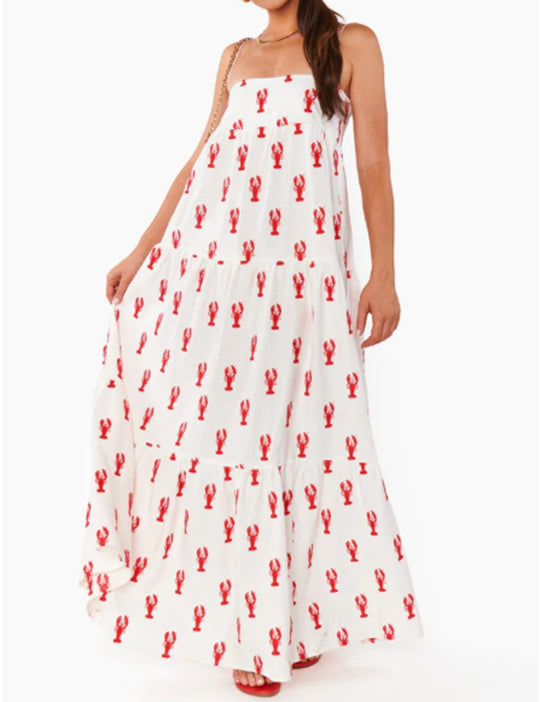 Damen nan trägerloses Bandeau-Maxikleid mit gestuftem Volantrock und maritimem Hummer-Motiv R&B