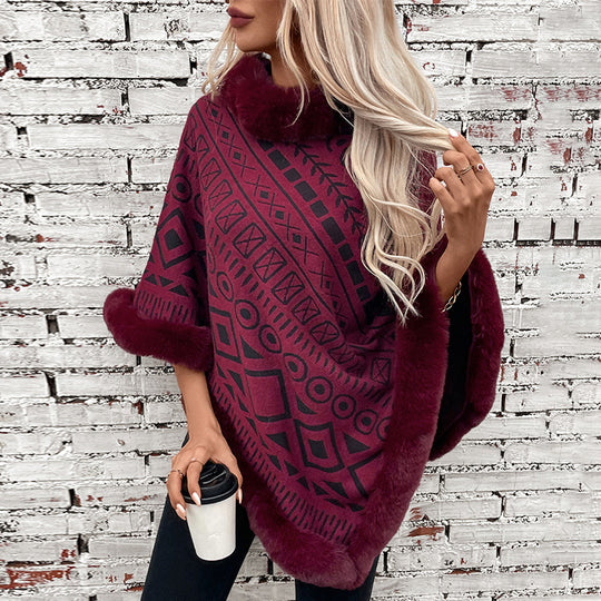 Damen modischer Poncho mit dekorativem Kunstfellkragen R&B