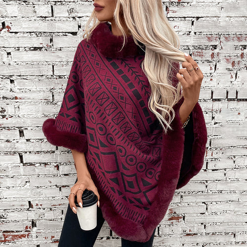 Damen modischer Poncho mit dekorativem Kunstfellkragen R&B