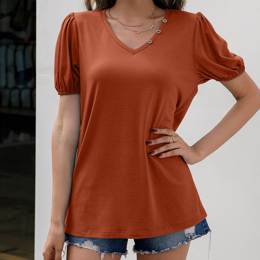 Damen V-Ausschnitt T-Shirt mit modischen Puffärmeln und Knopfdetails R&B