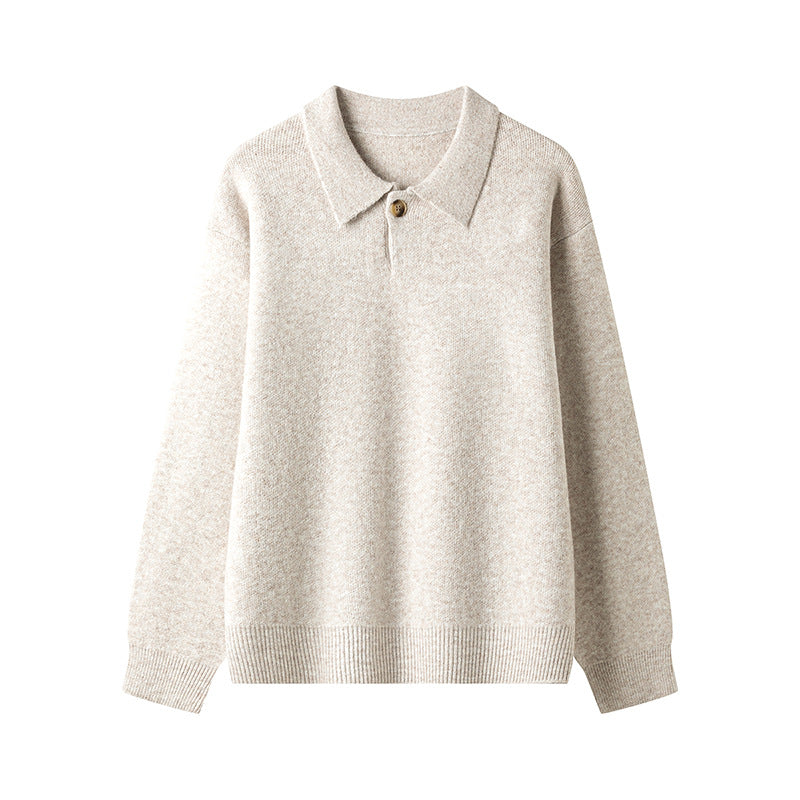 Damen eleganter Strickpullover mit Polokragen und Knopf R&B