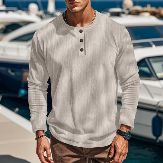 Herren nan geripptes Langarm-Henleyshirt mit Stehkragen und verdeckter Knopfleiste aus atmungsaktivem Jersey R&B
