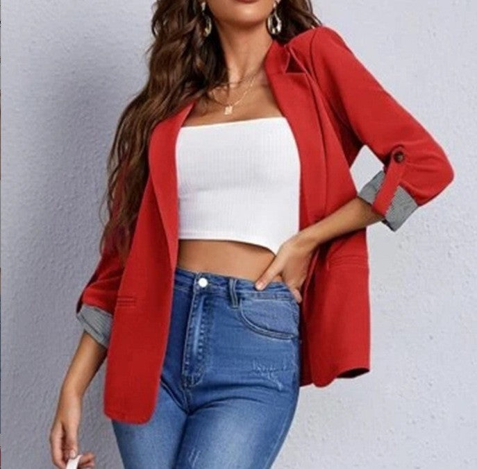 Damen stilvolle und vielseitige Blazerjacke mit umgeschlagenen Ärmeln R&B