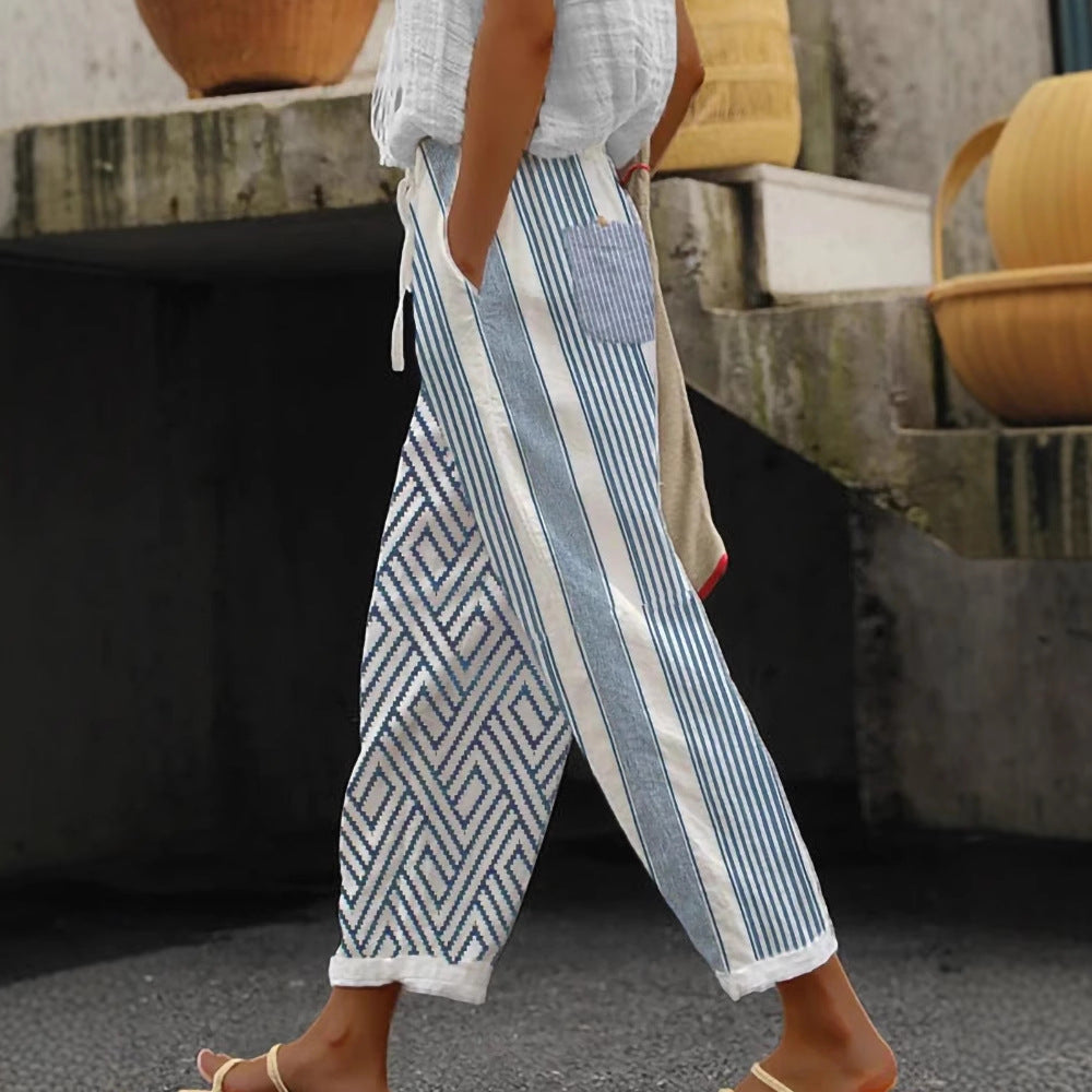 Damen Weite Leinenhose mit handgewtem Muster