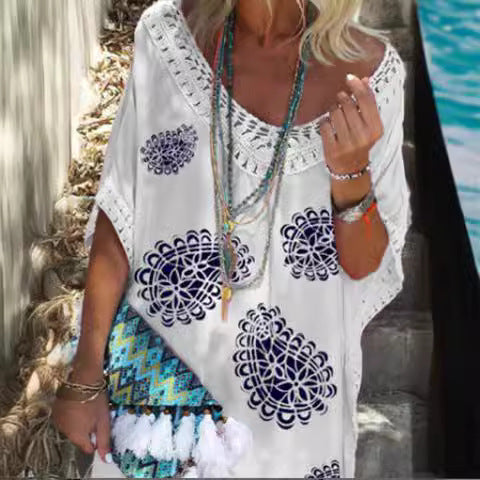 Damen Strandkleid mit Häkelkragen und floralem Druck R&B
