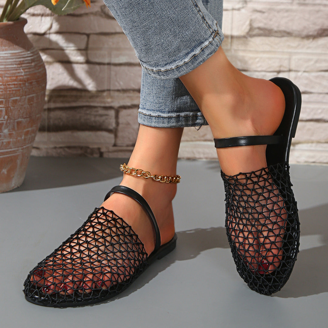 Damen Mesh-Pantoletten mit angenähtem Riemen und rutschfester Sohle R&B