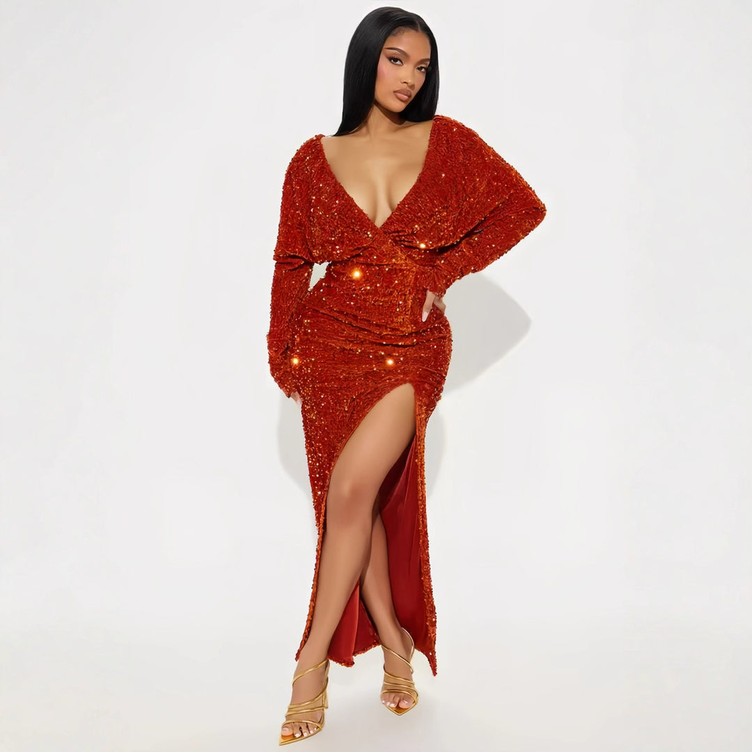 Damen Glamouröses Pailletten-Maxikleid mit tiefem V-Ausschnitt und eleganten Ärmelverzierungen R&B