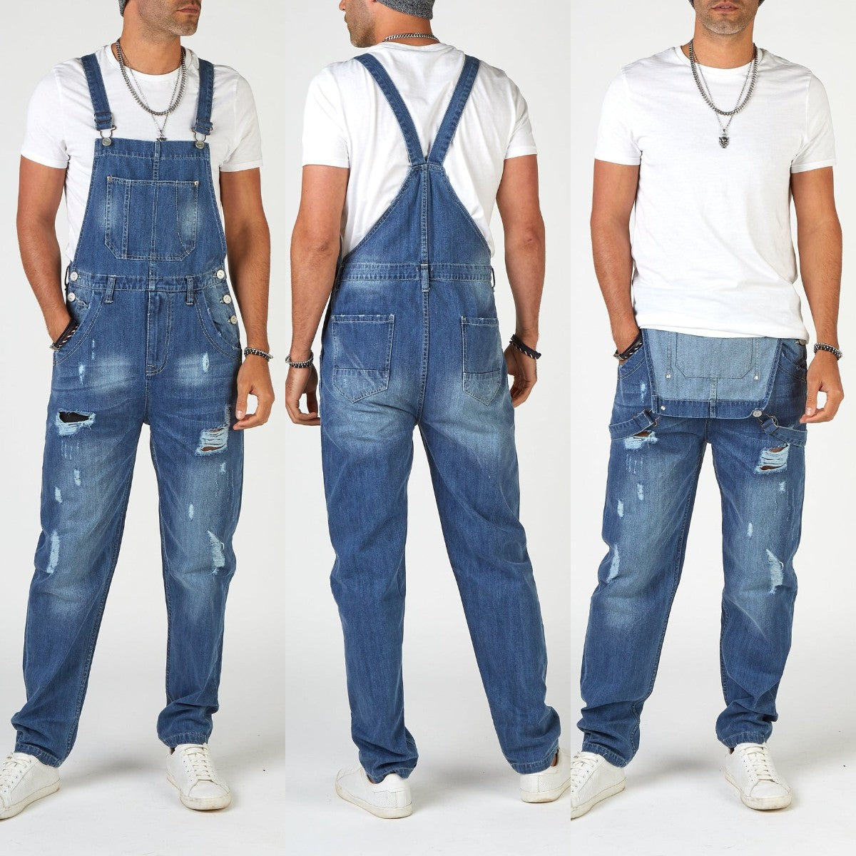 Herren Jeans-Latzhose aus gewaschenem Denim mit Rissdetails
