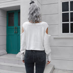 Damen Cropped Pullover mit offener Schulter und Rippstrickmuster R&B