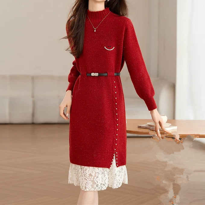 Damen Strickkleid mit dekorativen Knopfdetails und Spitze R&B