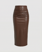 Damen Midi-Rock aus hochwertigem Leder mit Raffung R&B