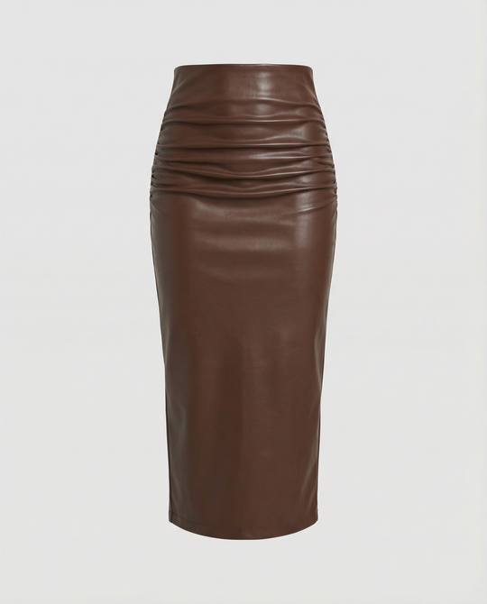 Damen Midi-Rock aus hochwertigem Leder mit Raffung R&B