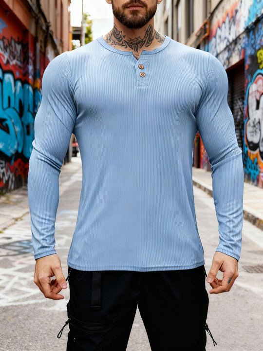 Herren nan geripptes Langarm-Henleyshirt mit flacher Knopfleiste und körperbetonter Stretch-Passform R&B