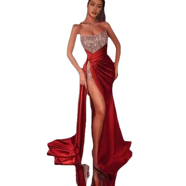 Damen Glamouröses Maxikleid mit funkelndem Oberteil und hohe Beinschlitz R&B