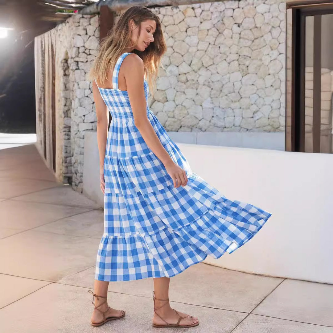 Damen Sommerliches Maxikleid mit kariertem Design und Trägern R&B